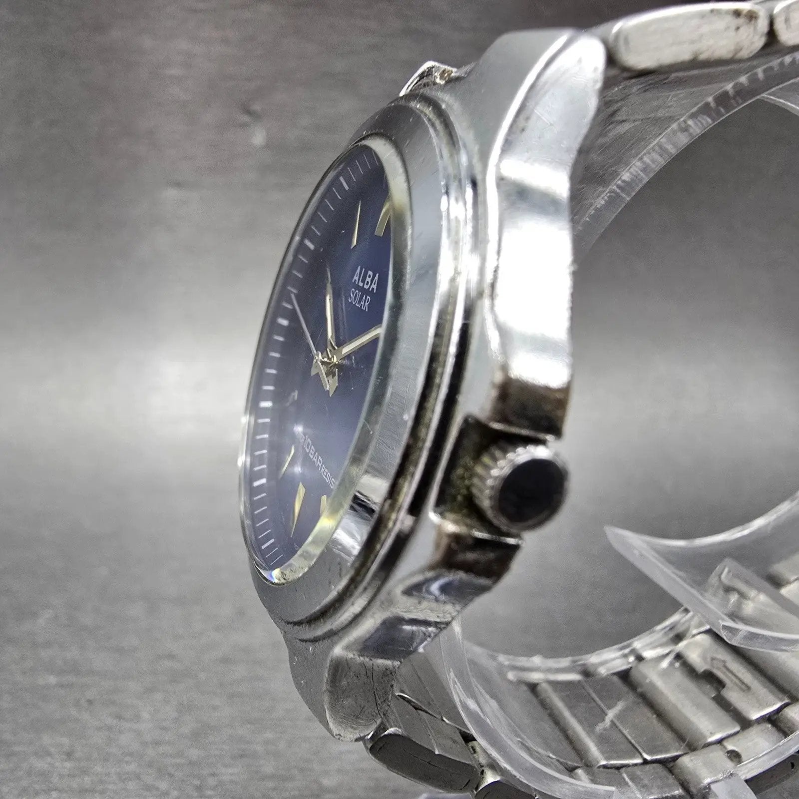 Seiko Alba Solar Watch Men 36mm Blue Dial Silver Tone Date Round V145-0BG0 Runs2