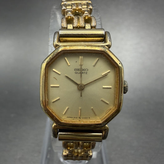 Seiko Watch Women 20mm Champagne Dial Gold Tone Octagon 2C21-5170 New Battery0