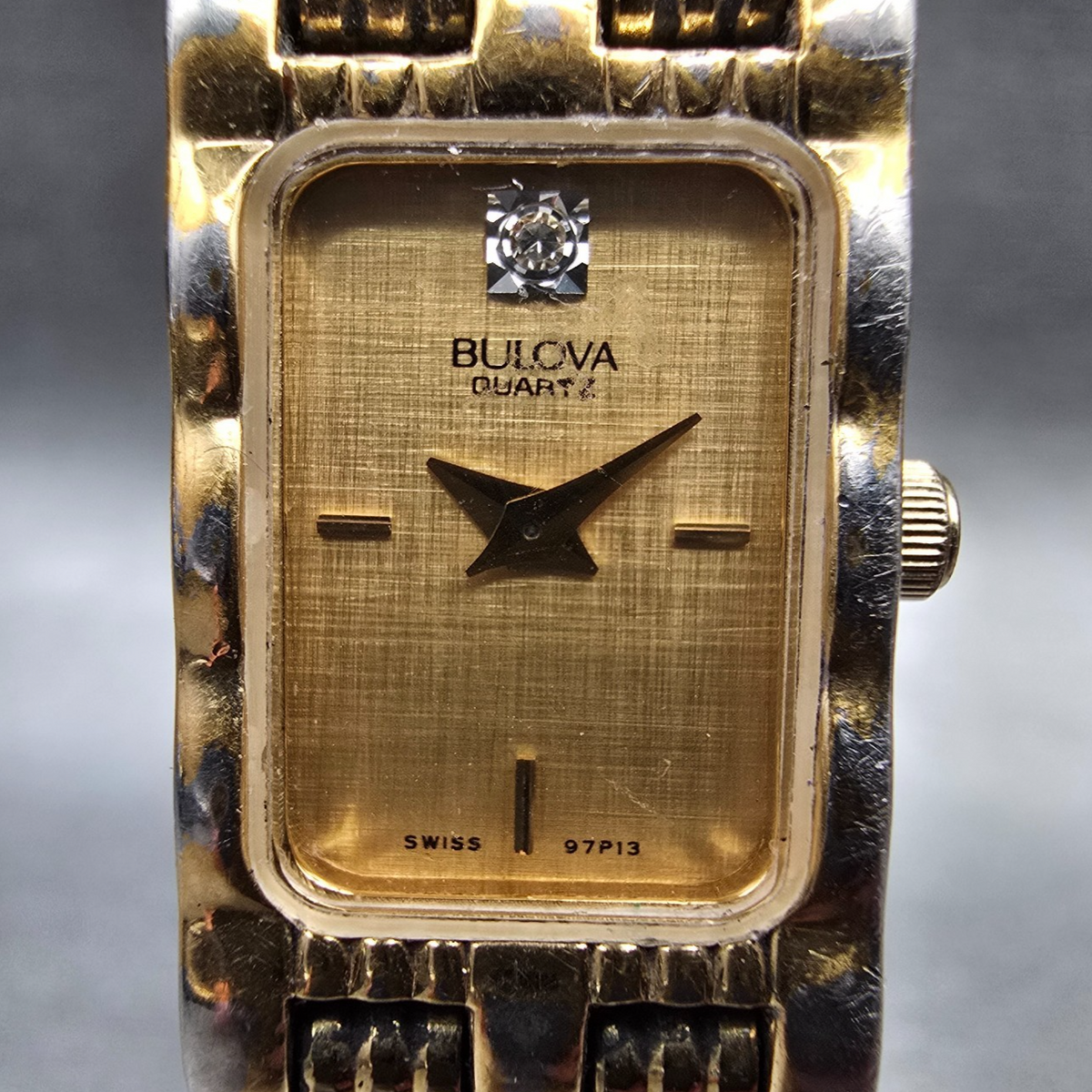 Bulova Watch Women 14mm Gold Dial Gold Tone Rectangle 97P13 New Battery JP231