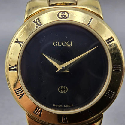 Gucci 3300L Watch Women 25mm Black Dial Gold Plated Round New Battery Vintage2