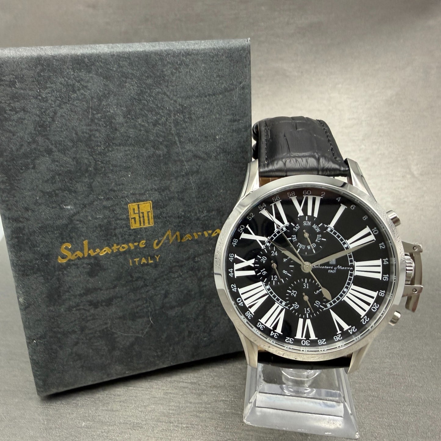 Salvatore Marra Chronograph Watch Men 48mm Black Dial Steel Date Round new batt0