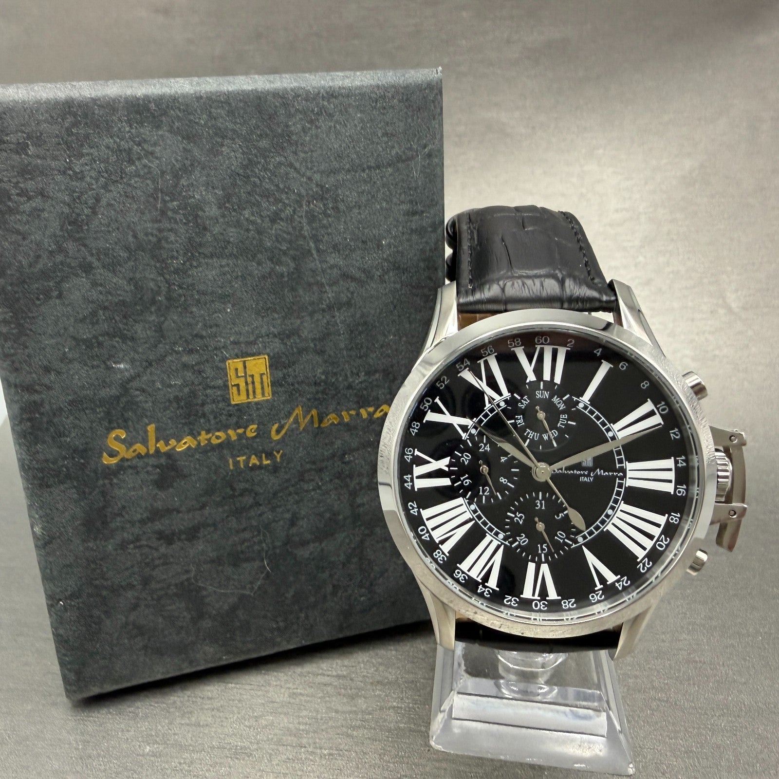 Salvatore Marra Chronograph Watch Men 48mm Black Dial Steel Date Round new batt0