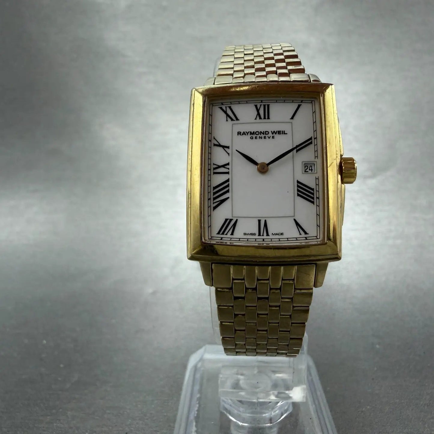 Raymond Weil Tradition Tank Watch Women 24mm White Dial Gold Tone Date 5956 Runs5