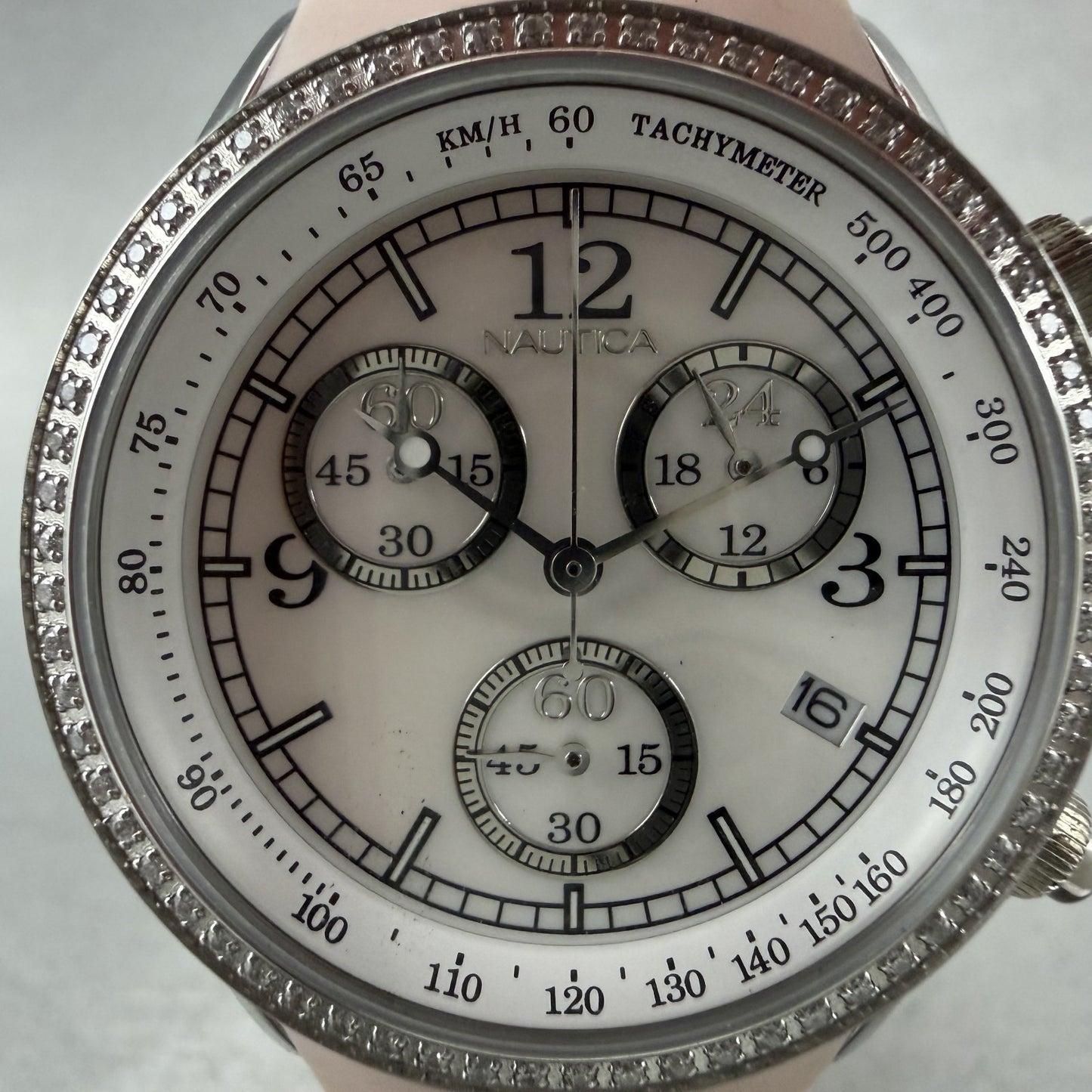 Nautica Chronograph Watch Women 35mm MOP Dial Steel Diamond Bezel New Battery1