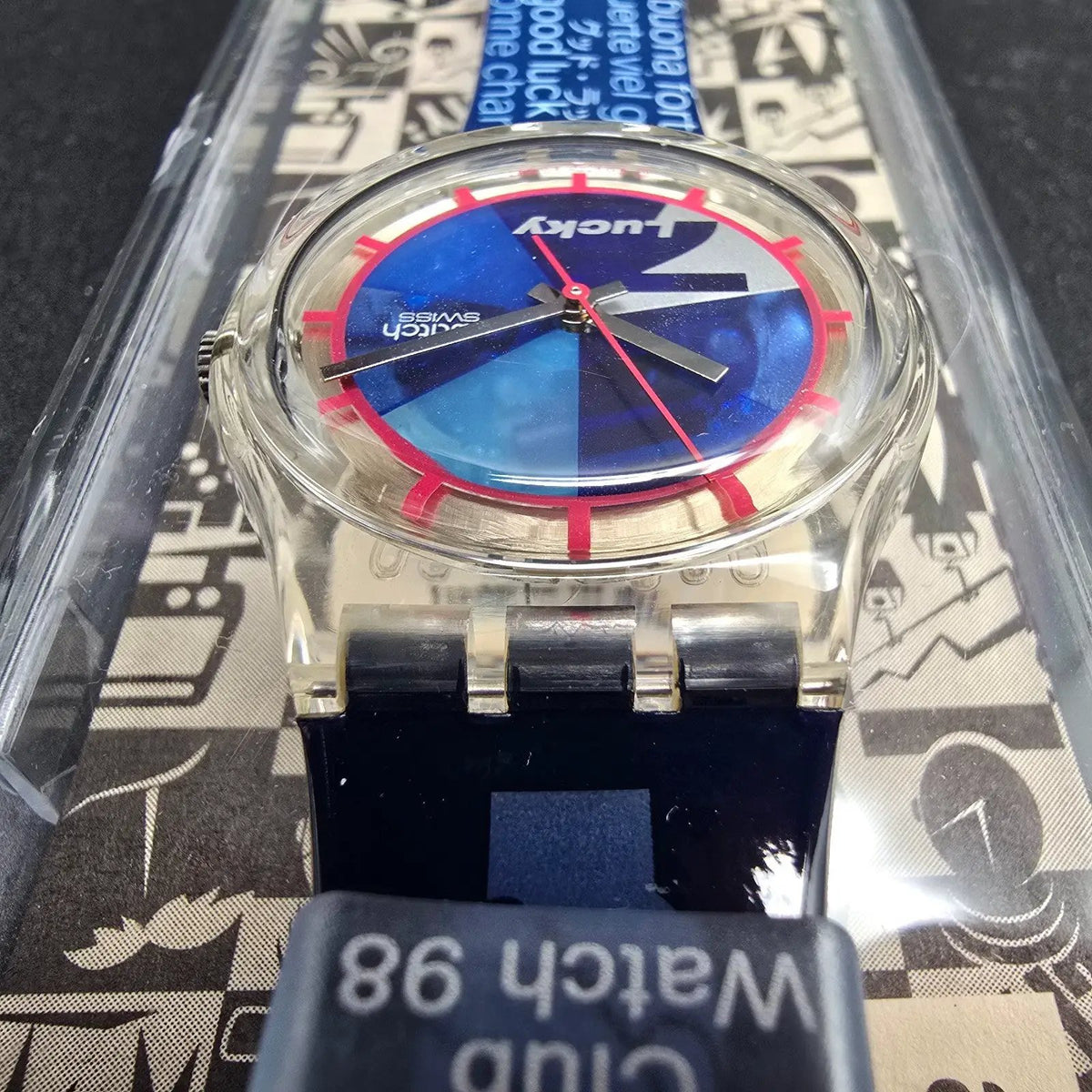 Swatch Access Lucky 7 Watch Men 34mm Blue Dial Clear Case SKZ116 New Battery NOS8