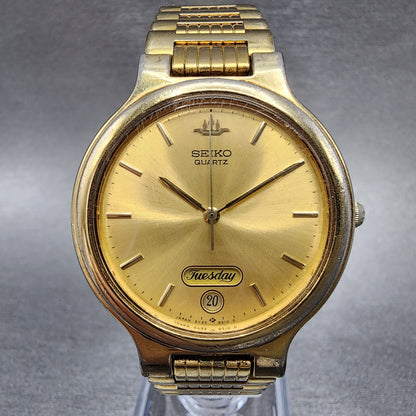 Seiko Watch Men 33mm Gold Dial Gold Tone Daydate Round 5Y236090 New Battery0