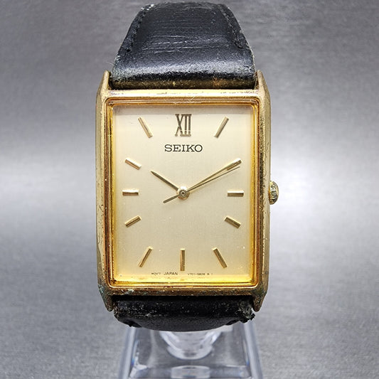Seiko Tank Watch Men 25mm Gold Dial Gold Tone Rectangle V701-5E10 New Battery