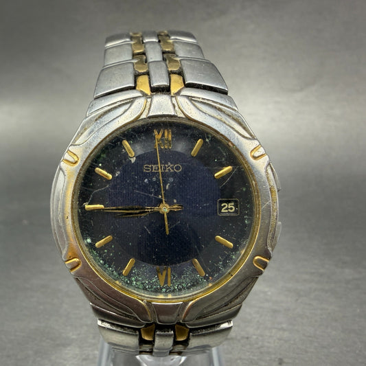 Seiko Watch Men 36mm Blue Dial Two Tone Date Round 7N42-6C10 PARTS Vinatge0