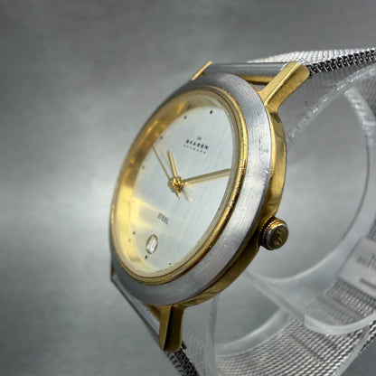 Skagen Watch Women 28mm Silver Dial Two Tone Date Round 16SGS New Battery ABCD2