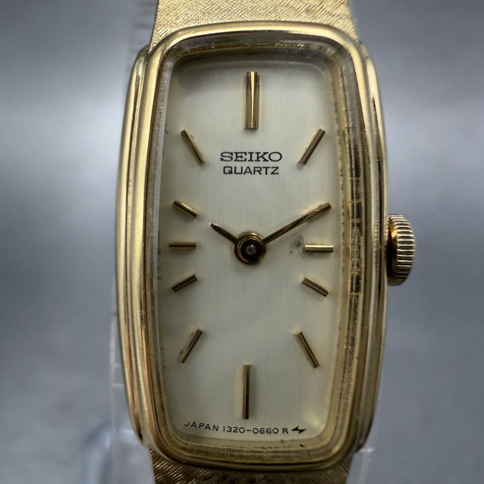 Seiko Tank Watch Women 13mm Champagne Dial Gold Tone 13205549 New Battery ABC1