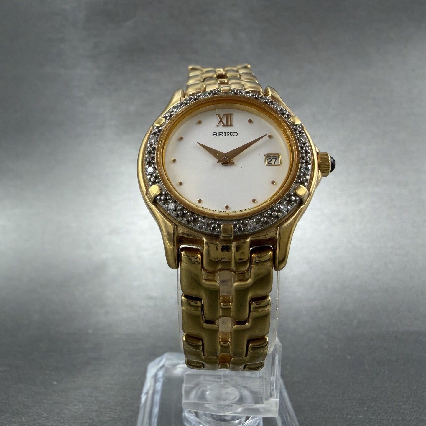 Seiko Watch Women 26mm White Dial Gold Tone Date Round 7N89-0449 New Battery5