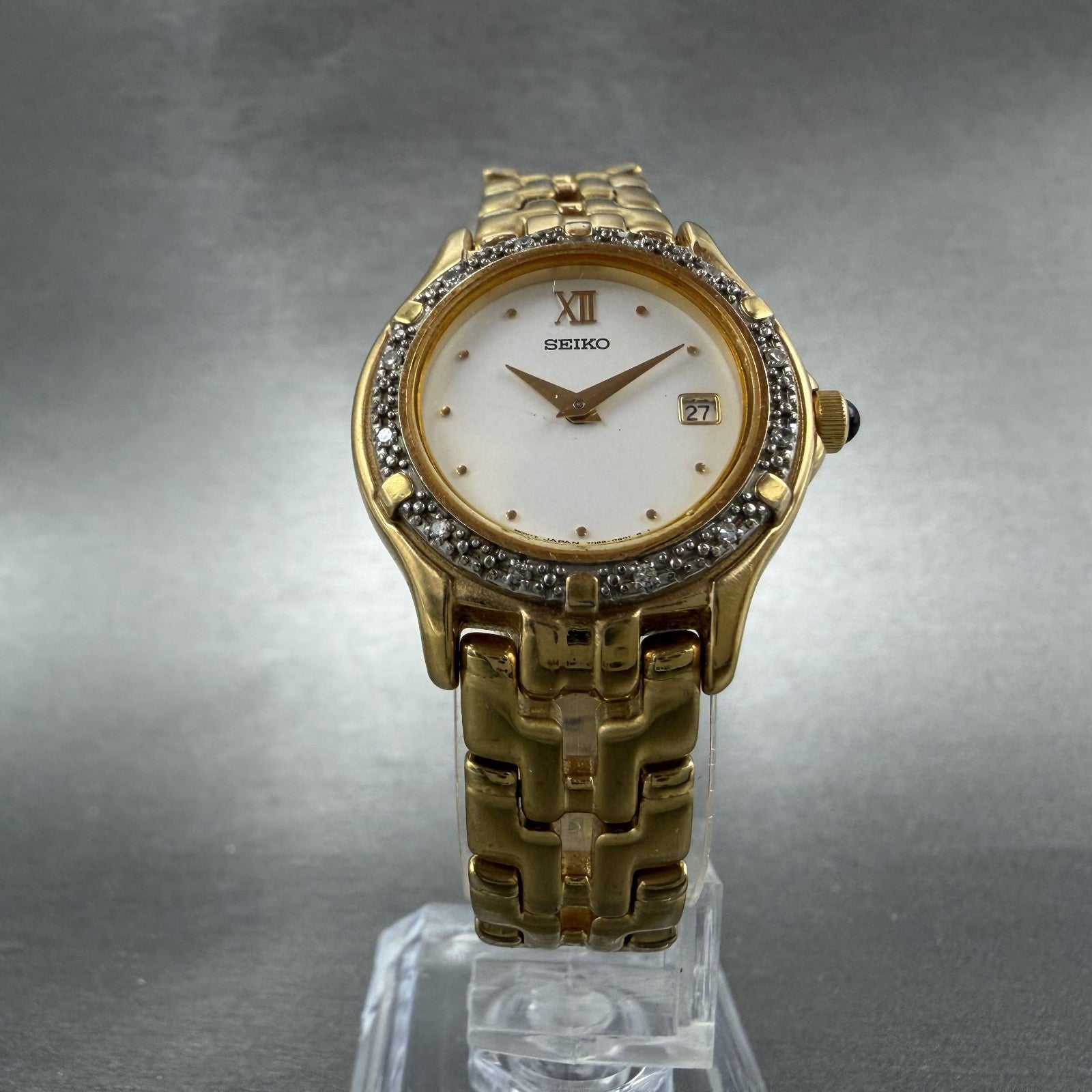 Seiko Watch Women 26mm White Dial Gold Tone Date Round 7N89-0449 New Battery5