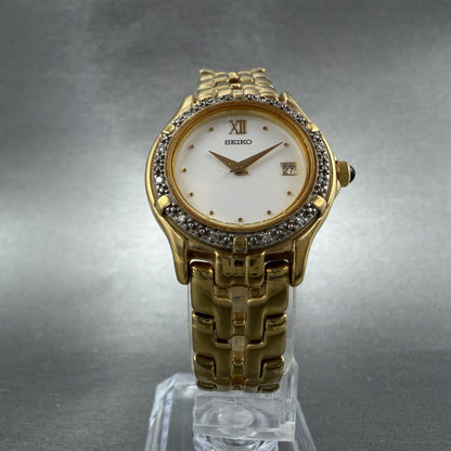 Seiko Watch Women 26mm White Dial Gold Tone Date Round 7N89-0449 New Battery5