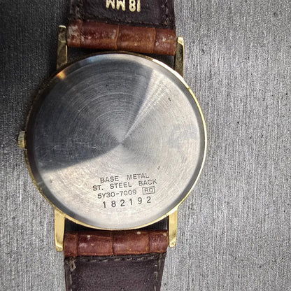 Seiko Watch Men 32mm Cream Dial Gold Tone Round 5Y30-7009 New Battery Vintage10