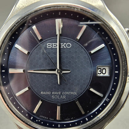 Seiko Solar Atomic Watch Men 38mm Blue Dial Steel Atomic Date 7B22-0AS0 PARTS!!!2