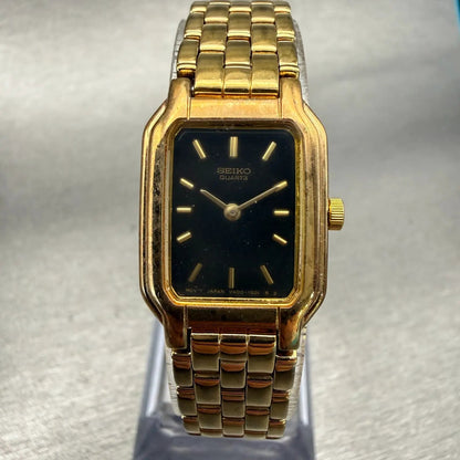 Seiko Watch Women 17mm Black Dial Gold Tone Rectangle V400-5498 New Battery VTG0