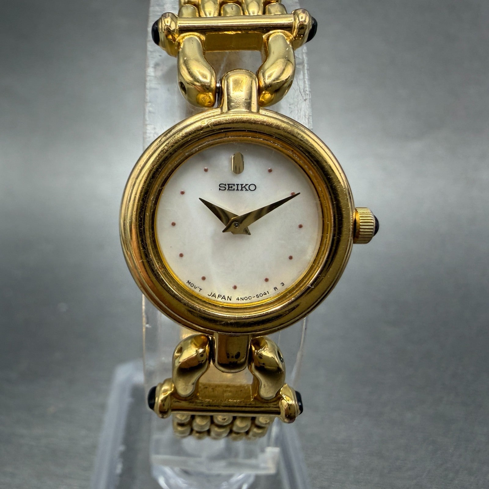 Seiko Watch Women 19mm MOP Dial Gold Tone Round 4N00-0588 New Battery Bracelet0