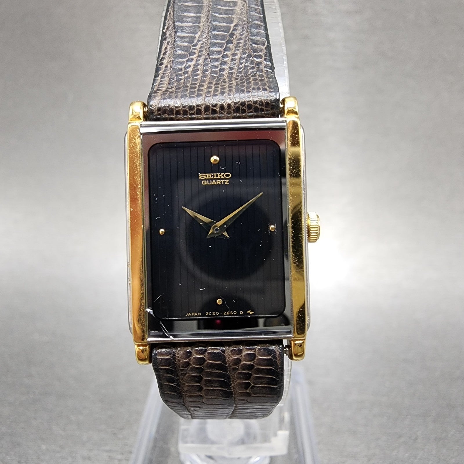 Seiko Tank Watch Women 17mm Black Dial Two Tone Rectangle 2C208249 New Batt NOS0