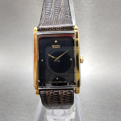 Seiko Tank Watch Women 17mm Black Dial Two Tone Rectangle 2C208249 New Batt NOS0
