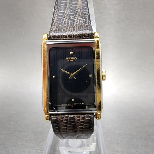 Seiko Tank Watch Women 17mm Black Dial Two Tone Rectangle 2C208249 New Batt NOS0