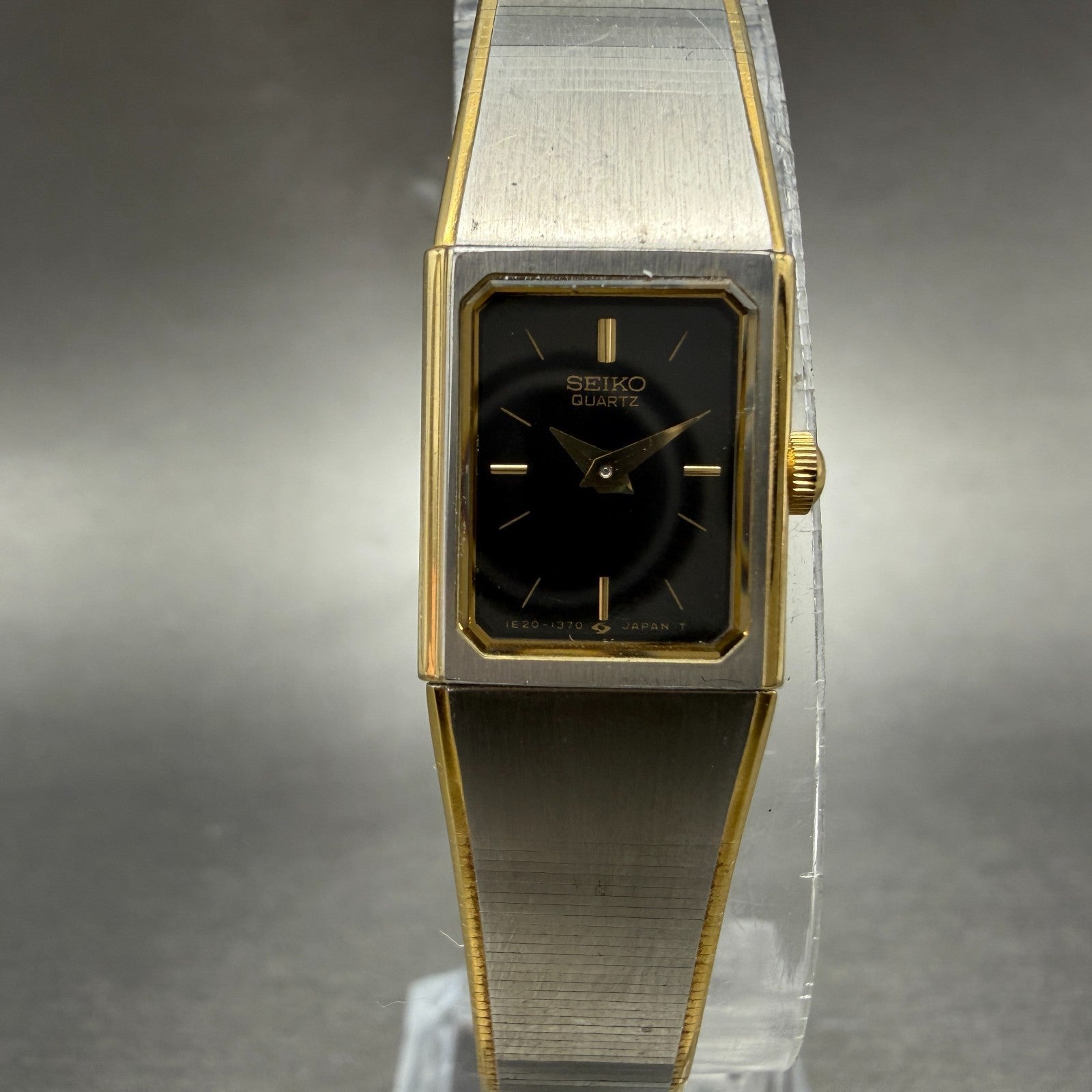 Seiko Tank Watch Women 13mm Black Dial Two Tone Rectangle 1E20-5779 New Battery0