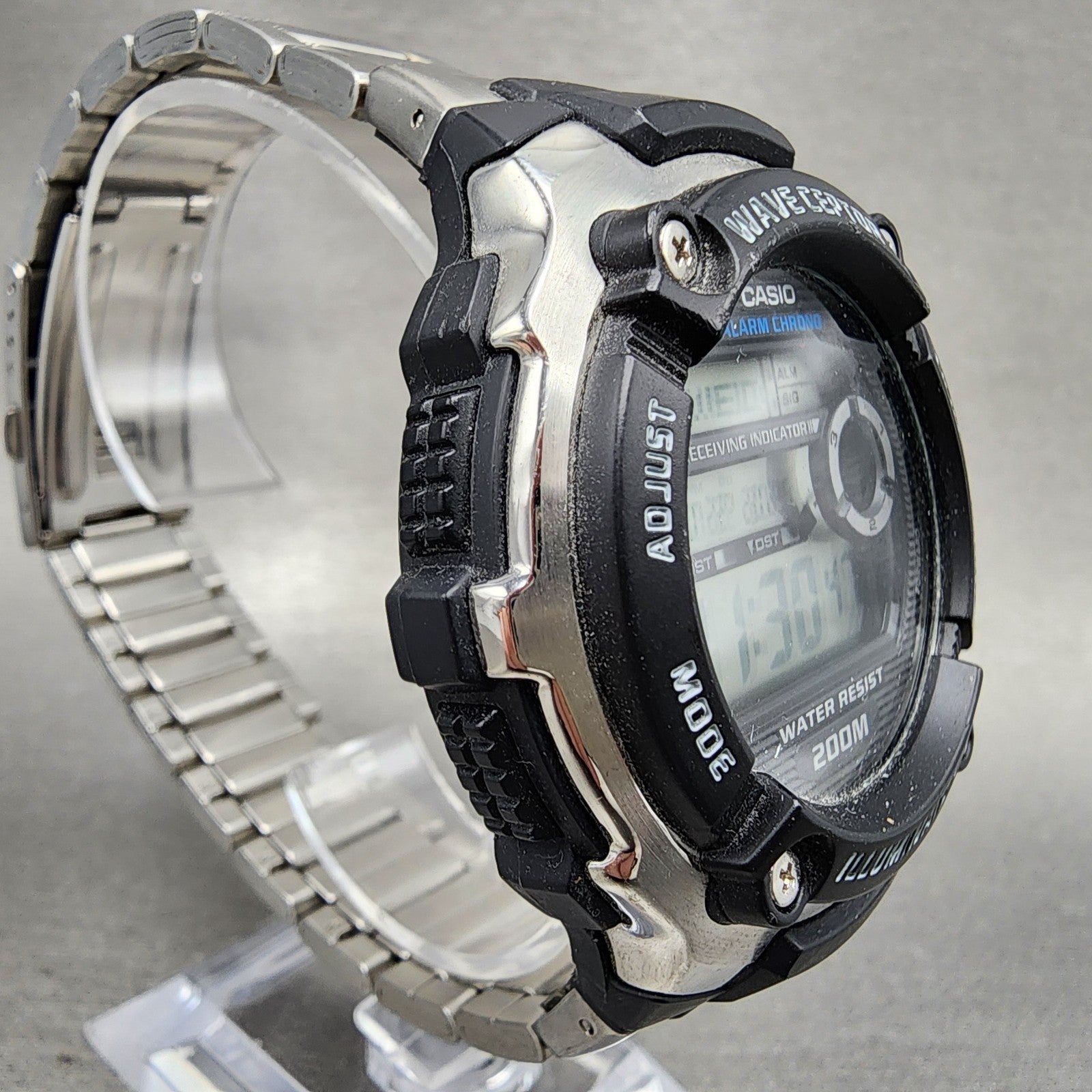Casio Waveceptor Watch Men 48mm Digital Black Silver Alarm Chrono WV200 New Bat3