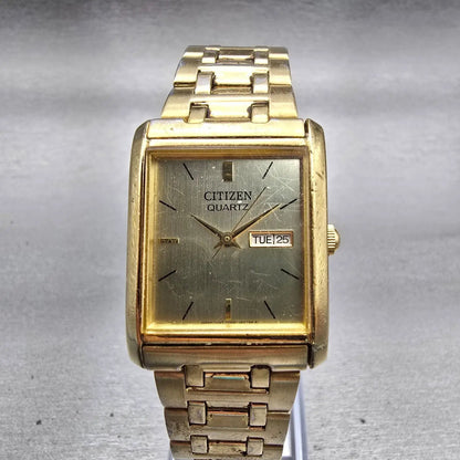 Citizen Watch Men 25mm Gold Dial Gold Tone Daydate Rectangle 1002-S99299 New Bat0