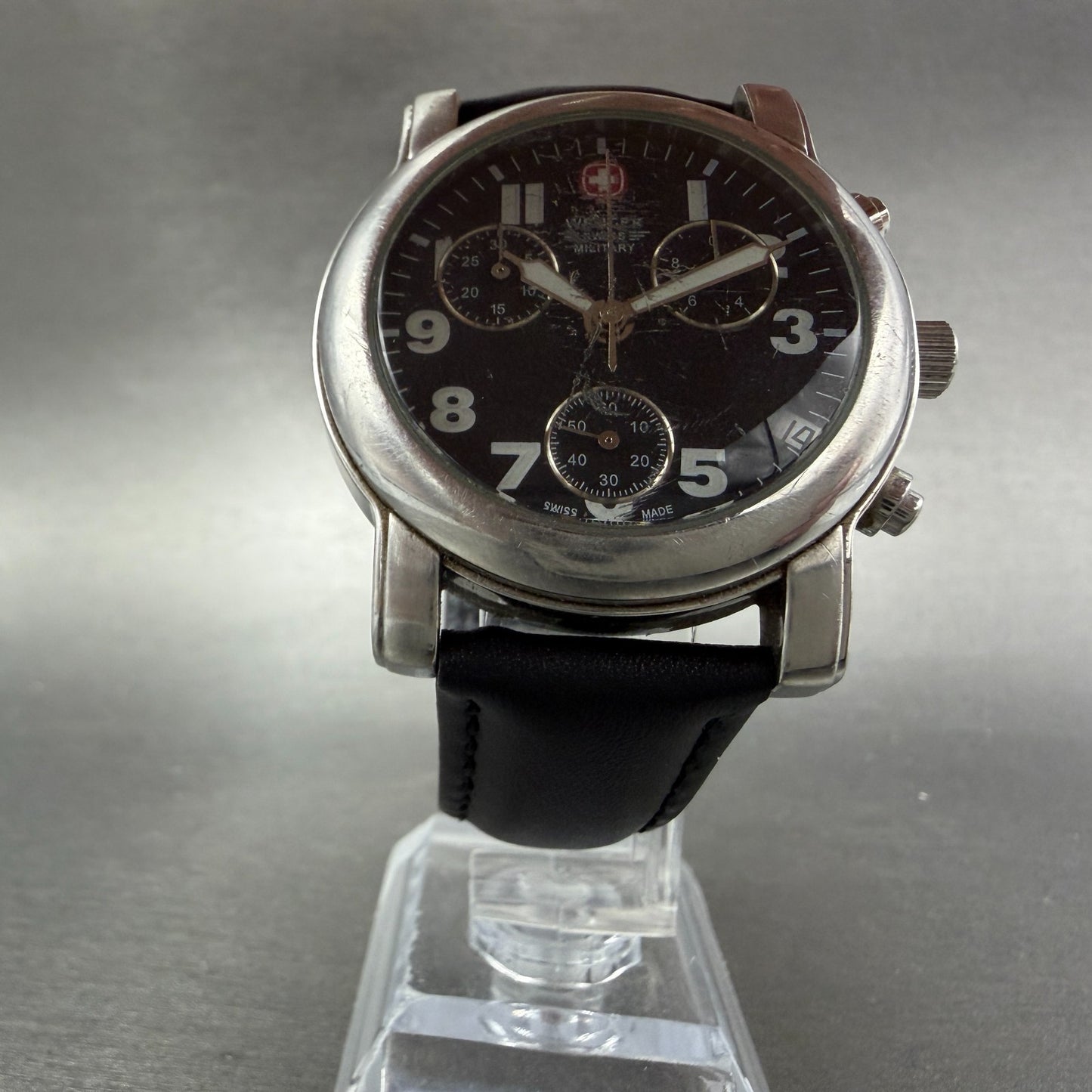 Wenger Swiss Military Chronograph Watch Men 38mm Black Dial Steel New Battery5