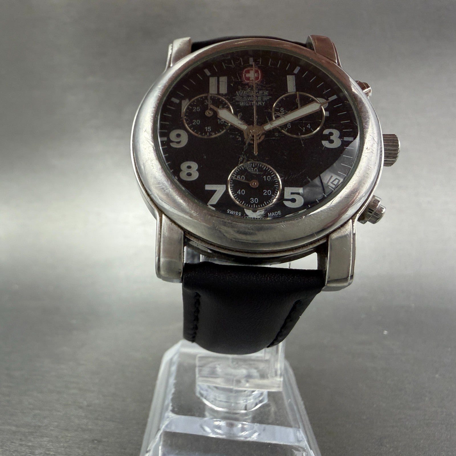 Wenger Swiss Military Chronograph Watch Men 38mm Black Dial Steel New Battery5