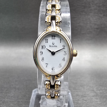 Bulova Watch Women 17mm White Dial Two Tone Oval 98L66 New Battery Vintage AB0