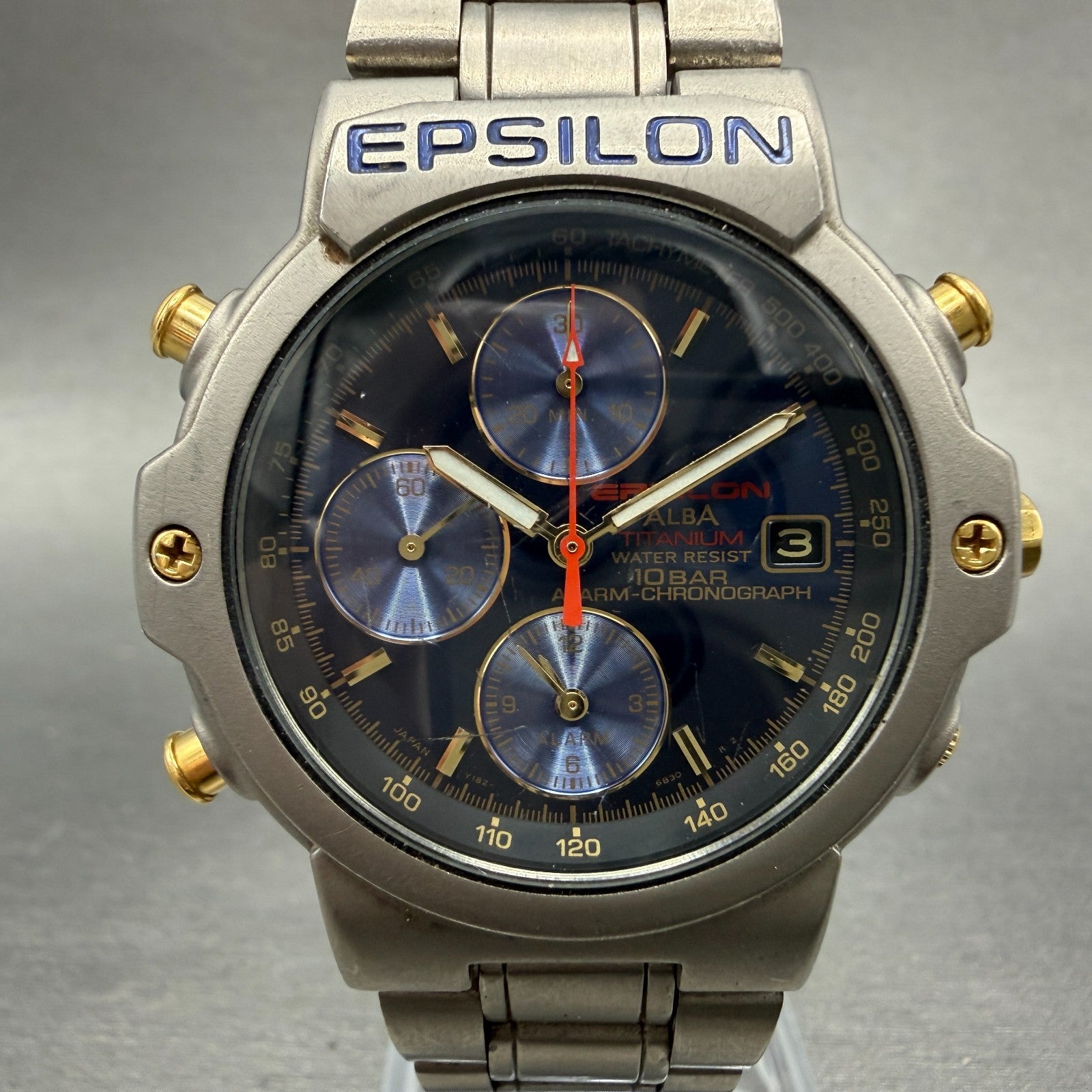 Seiko Alba Epsilon Chronograph Watch Men 41mm Blue Dial Titanium Date New Batt0