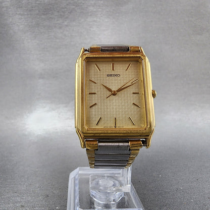 Seiko Tank Watch Men 27mm Champagne Dial Two Tone Rectangle 5e315a10 NewBattery5
