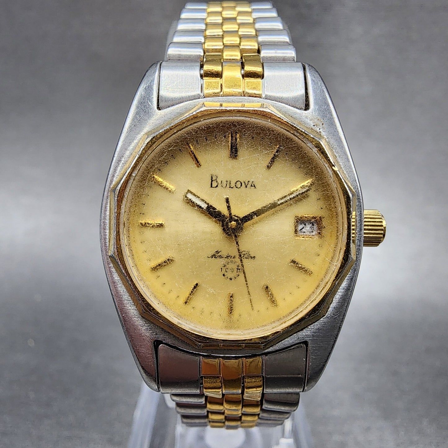 Bulova Marine Star Watch Women 24mm Gold Dial Two Tone Date Round New Battery0