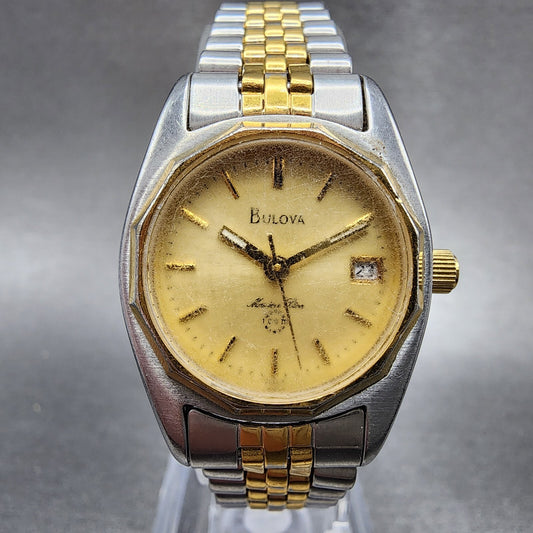 Bulova Marine Star Watch Women 24mm Gold Dial Two Tone Date Round New Battery0