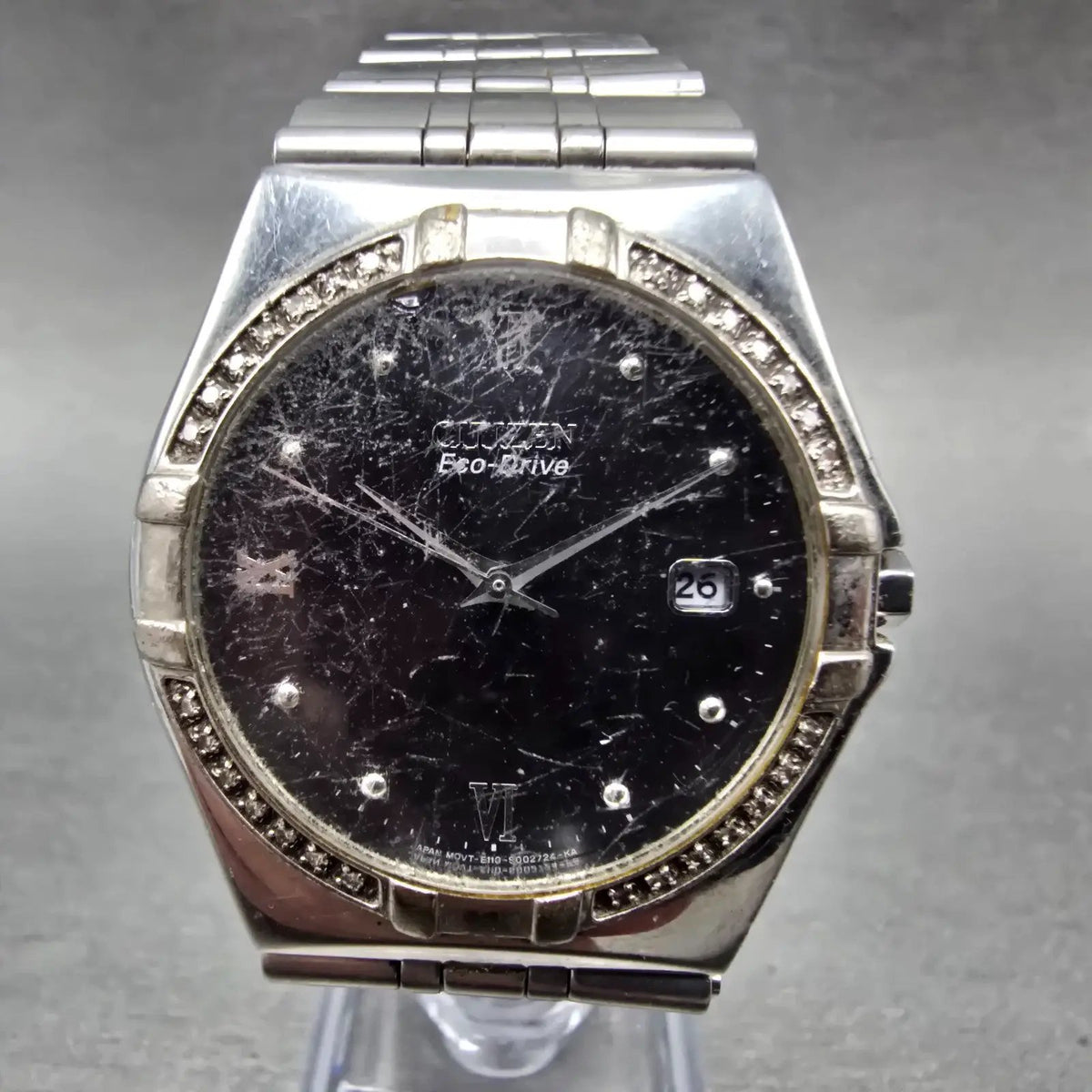 Citizen Eco-Drive Watch Men 36mm Black Dial Silver Date Round Diamonds Runs0