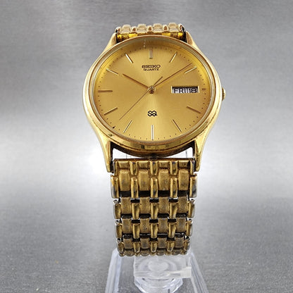 Seiko SQ Watch Men 33mm Champagne Dial Gold Tone Daydate 5h237b09 New Battery5