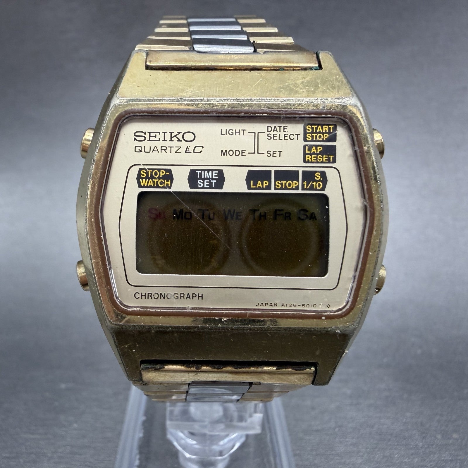 Seiko Digital Watch Men 35mm Two Tone Daydate Timer Vintage A128-5010 PARTS0