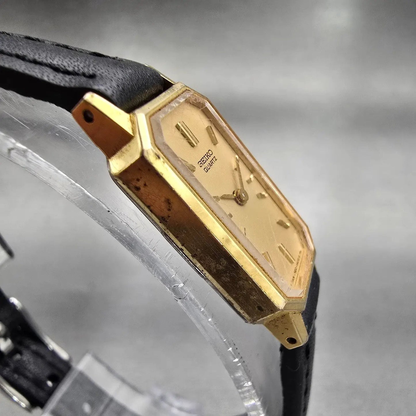 Seiko Watch Women 13mm Gold Dial Gold Tone Rectangle 1320-6059 New Battery VTG3