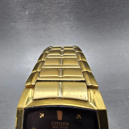 Citizen Eco-Drive Tank Watch Men 31mm Black Dial Gold Date E111-S049369 Runs Jkm5