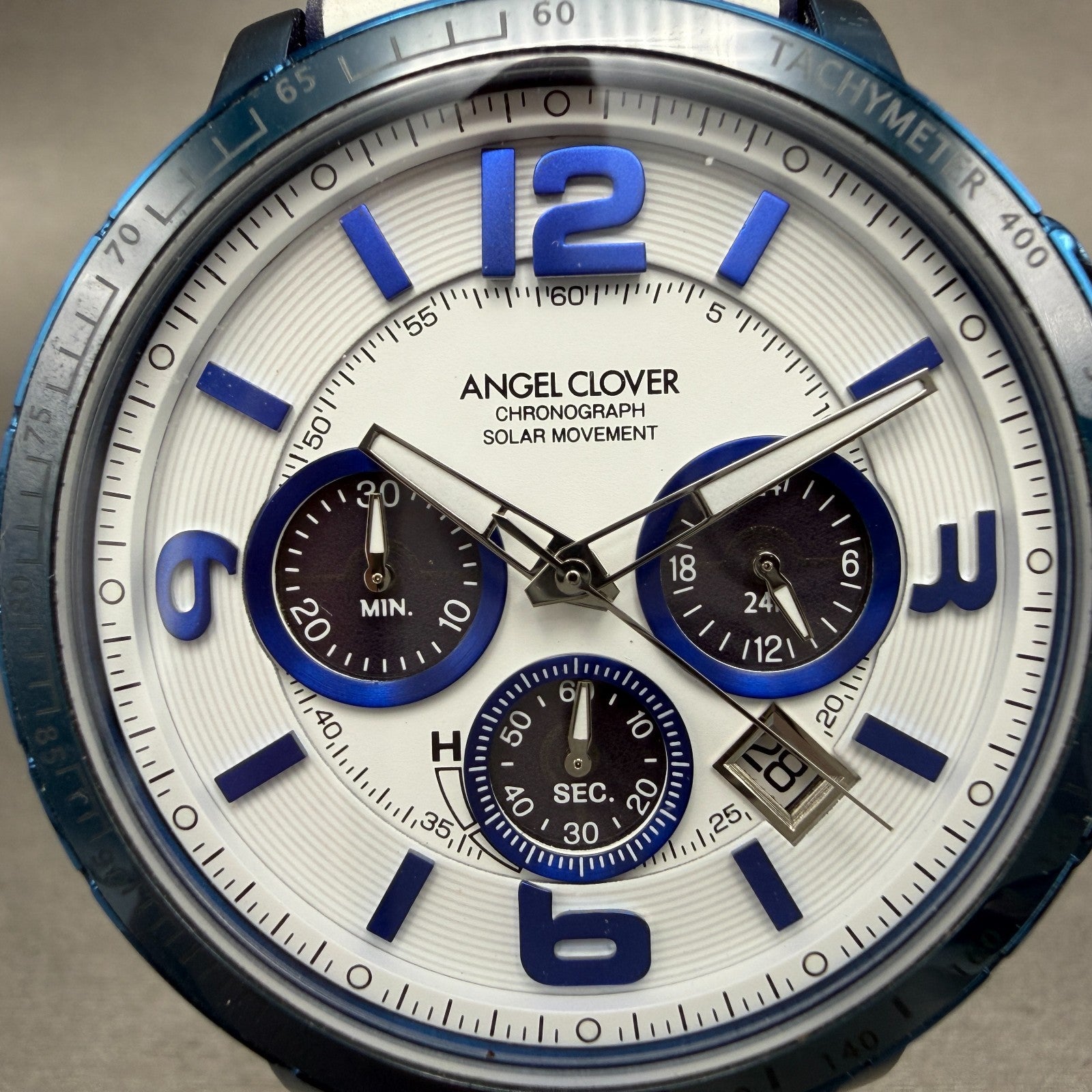 Angel Clover Chronograph Watch Men 44mm White Dial Blue Tone Date Solar Works1