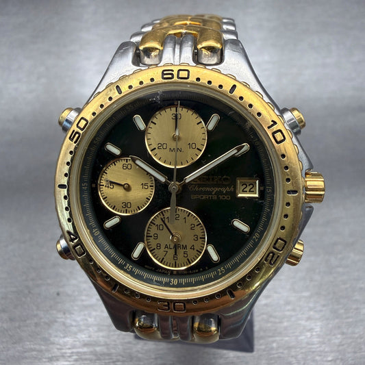 Seiko Chronograph Watch Men 36mm Green Dial Two Tone Date 7T32-6G20 New Battery0