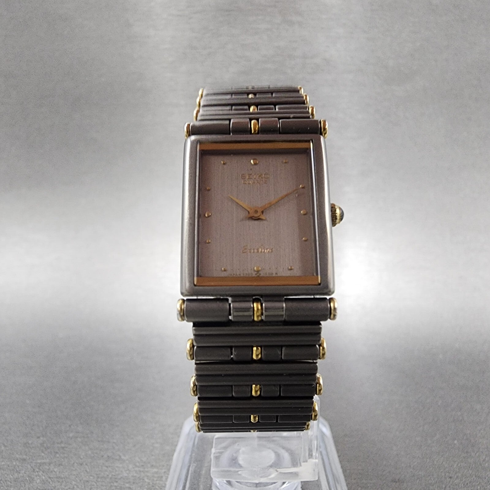 Seiko Exceline Tank Watch Women 18mm Gray Dial Two Tone Rectangle Titanium Runs5