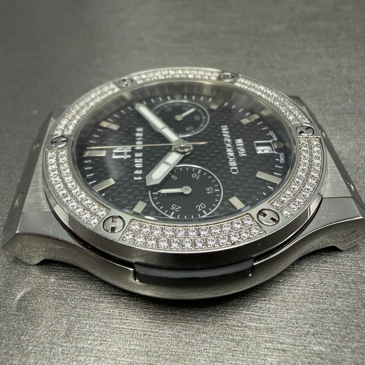 Frank Rosha Chronograph Watch Men 45mm Black Dial Steel Date Gem Bezel New batt3