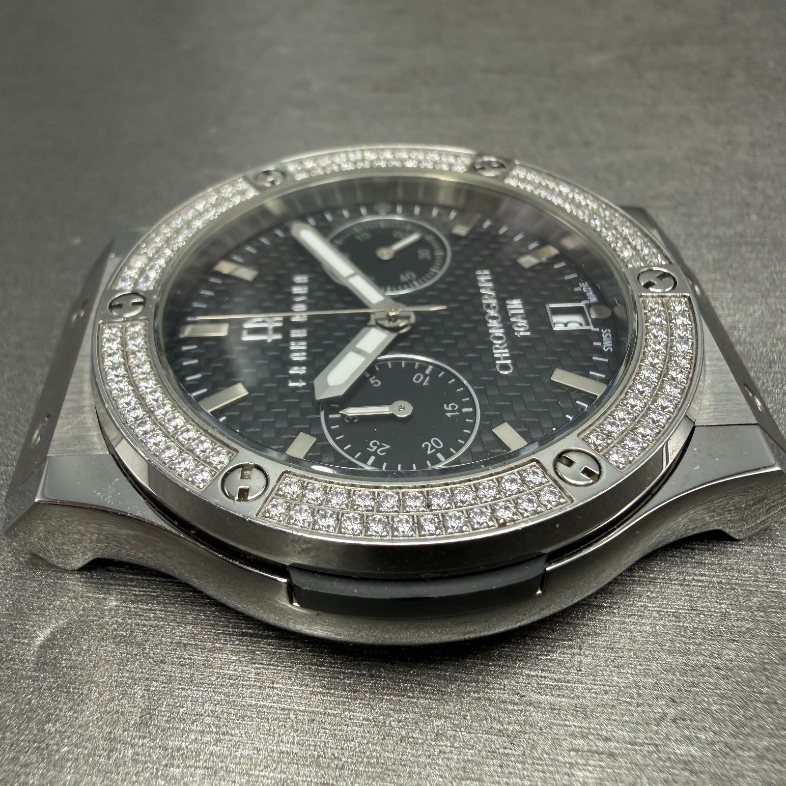 Frank Rosha Chronograph Watch Men 45mm Black Dial Steel Date Gem Bezel New batt3