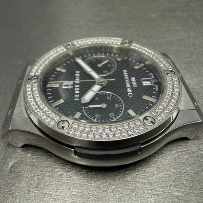 Frank Rosha Chronograph Watch Men 45mm Black Dial Steel Date Gem Bezel New batt3