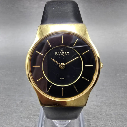 Skagen Watch Women 28mm Black Dial Gold Tone Round 233SGLB New Battery0