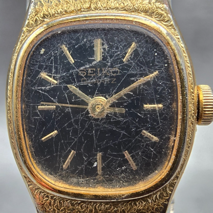 Seiko Watch Women 16mm Black Dial Gold Tone Oval 7321-5399 New Battery Vintage 51
