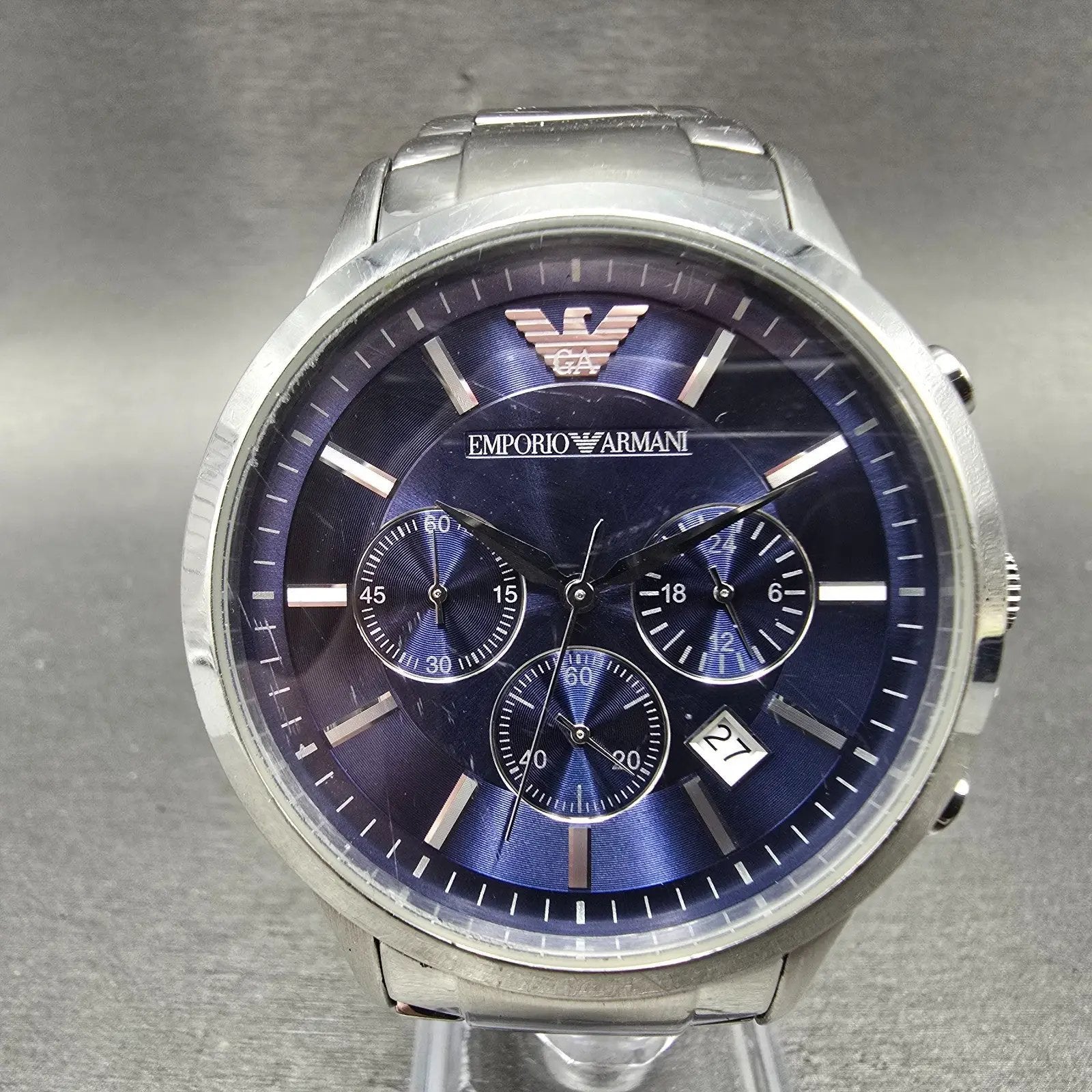 Emporio Armani Chronograph Watch men 43mm Blue Dial Steel Date Round New Battery0