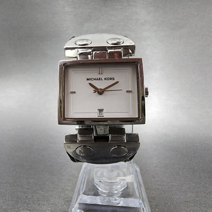 Michael Kors Watch Women 28mm White Dial Steel Date Rectangle MK4054 New Batt5