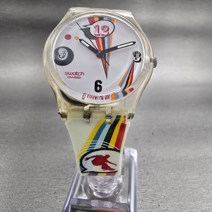 Swatch Gent Crazy Youngsters Watch Men White Dial Clear Case Round GE198 New Bat5
